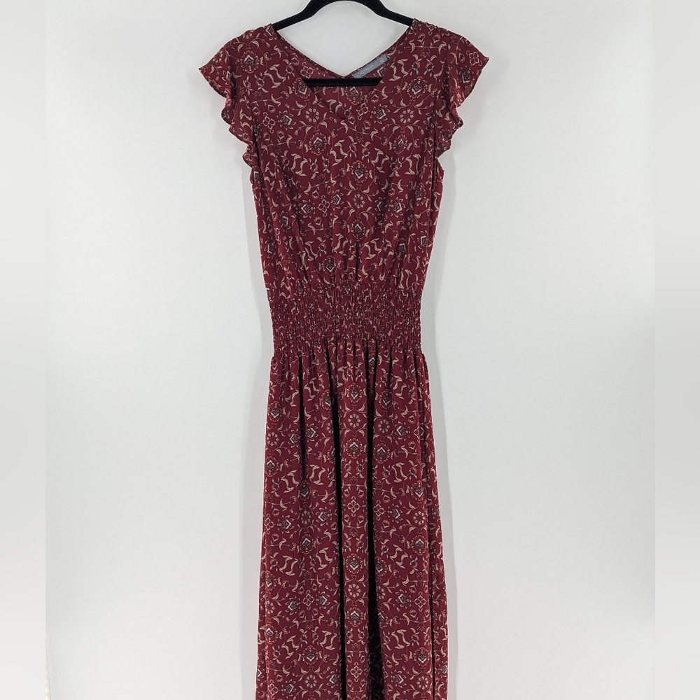 Octavia Boho Floral Maxi Dress XS Burgundy Red Smocked Waist Flutter Sleeve